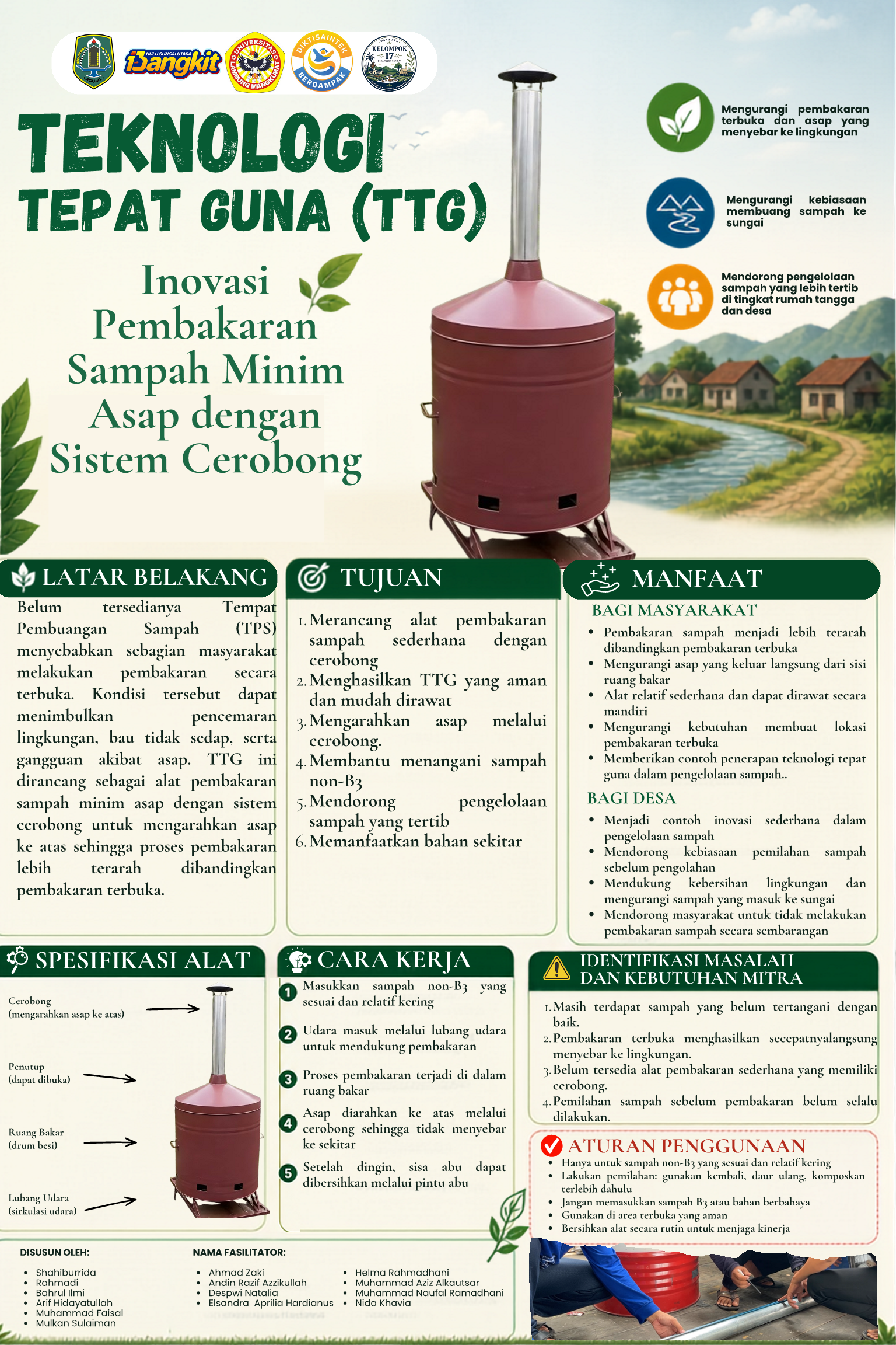 Inovasi Pembakaran Sampah Minim Asap dengan Sistem Cerobong  Nama Alat: TTG Pembakaran Sampah Minim Asap dengan Cerobong Desa Teluk Sarikat